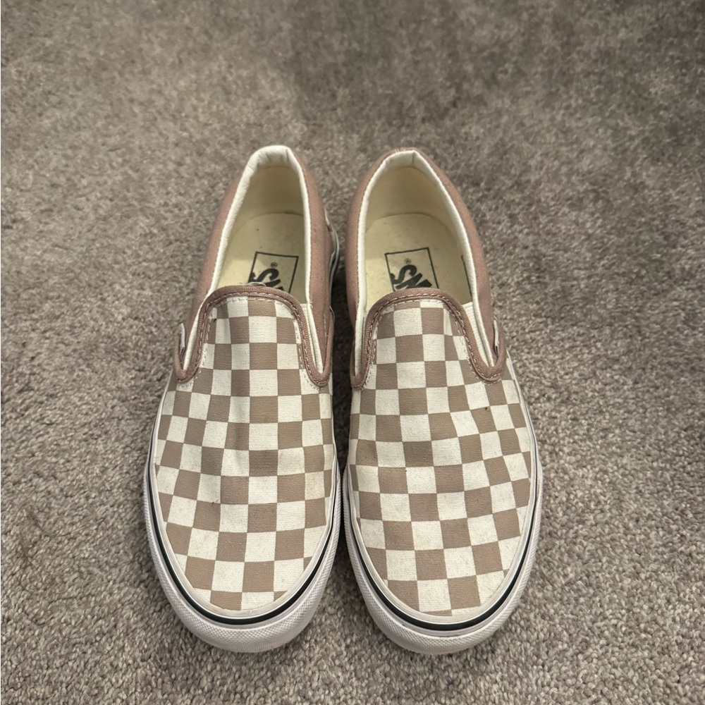 Vans Beige and White Checkered Slip-Ons